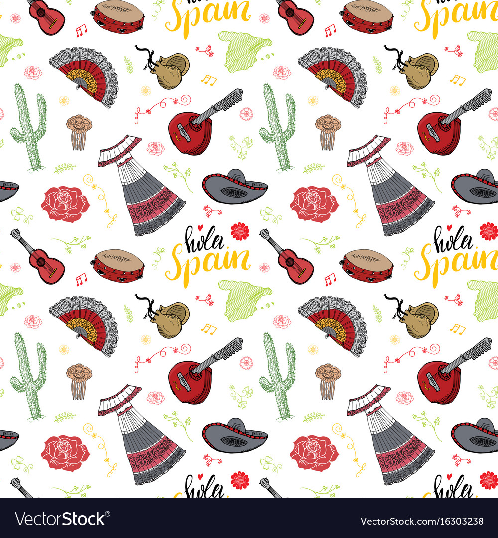 Spain seamless pattern doodle elements hand drawn Vector Image