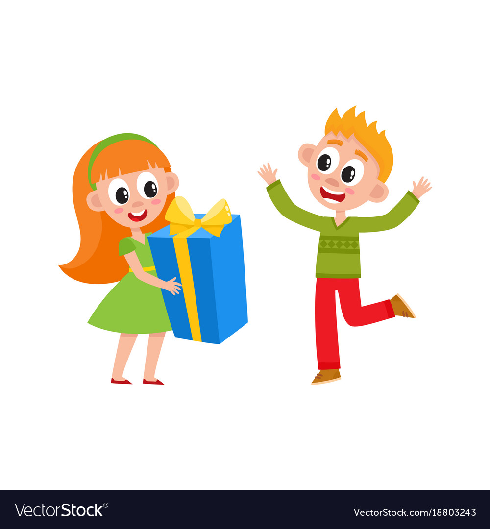 Flat girl and boy with big present box