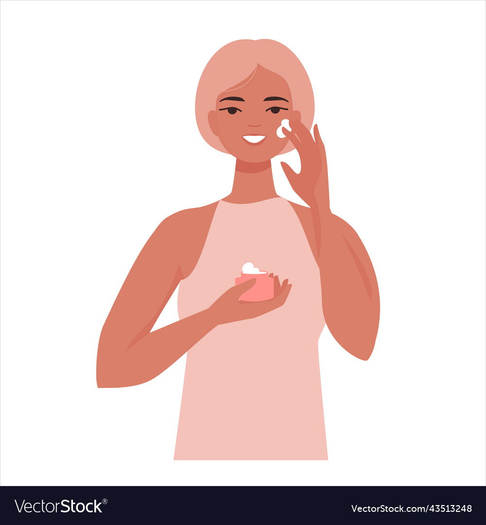 Girl putting face cream on skin care