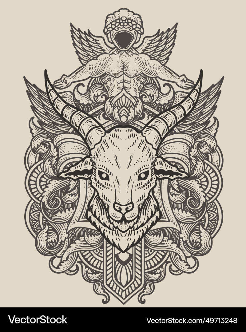 Goat head with antique engraving ornament Vector Image
