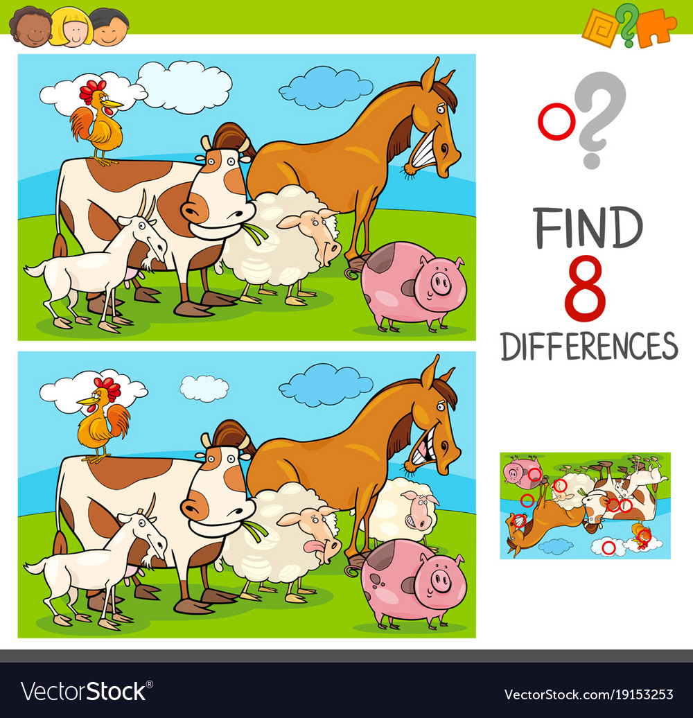 Differences game with farm animals group vector image