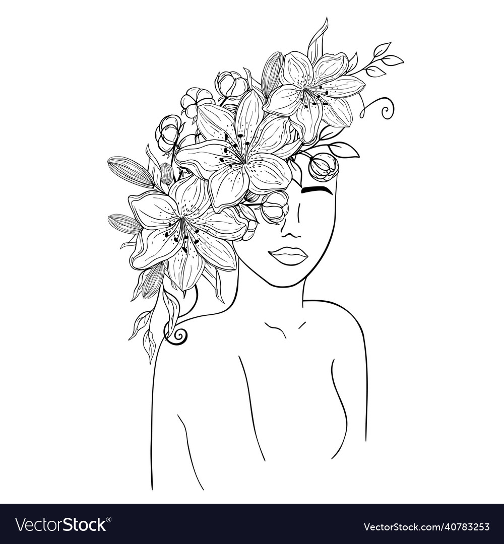 Hand drawn woman figure with flowers in line art Vector Image