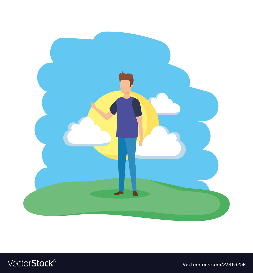 Young man in the landscape Royalty Free Vector Image