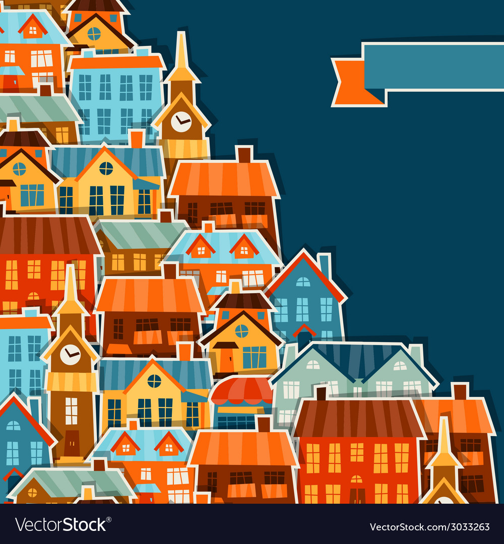 Town background design with cute colorful sticker