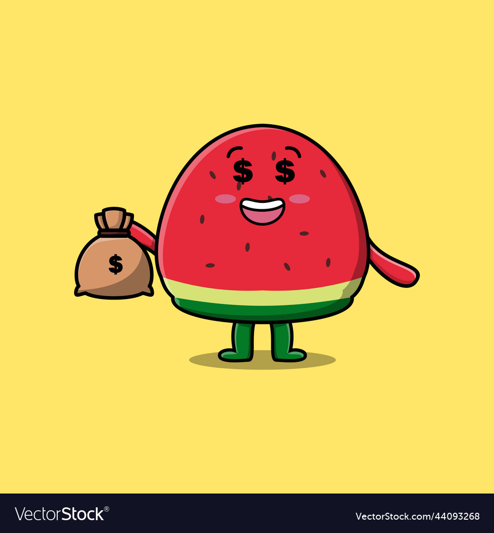 Cute cartoon crazy rich watermelon with money bag