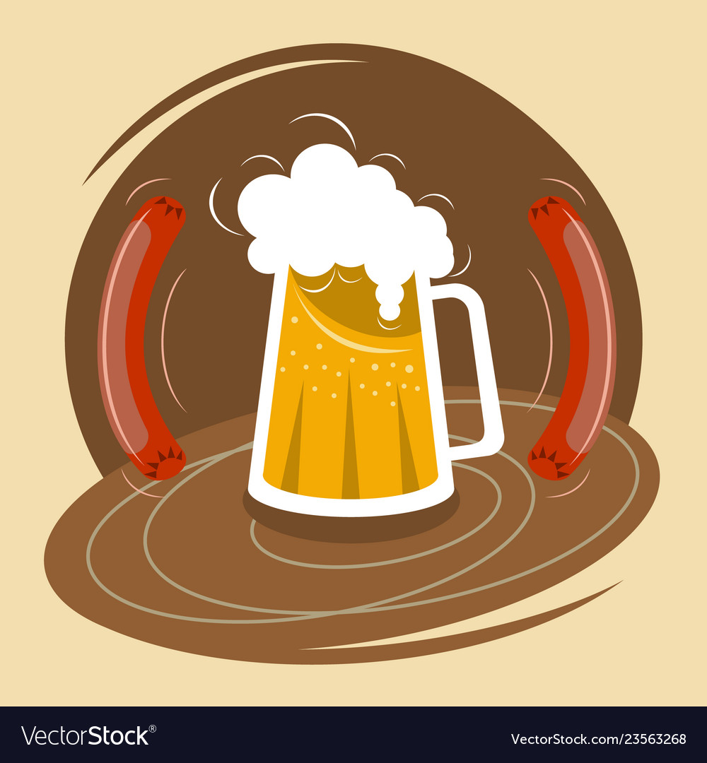 Mug of beer with foam and two sausages