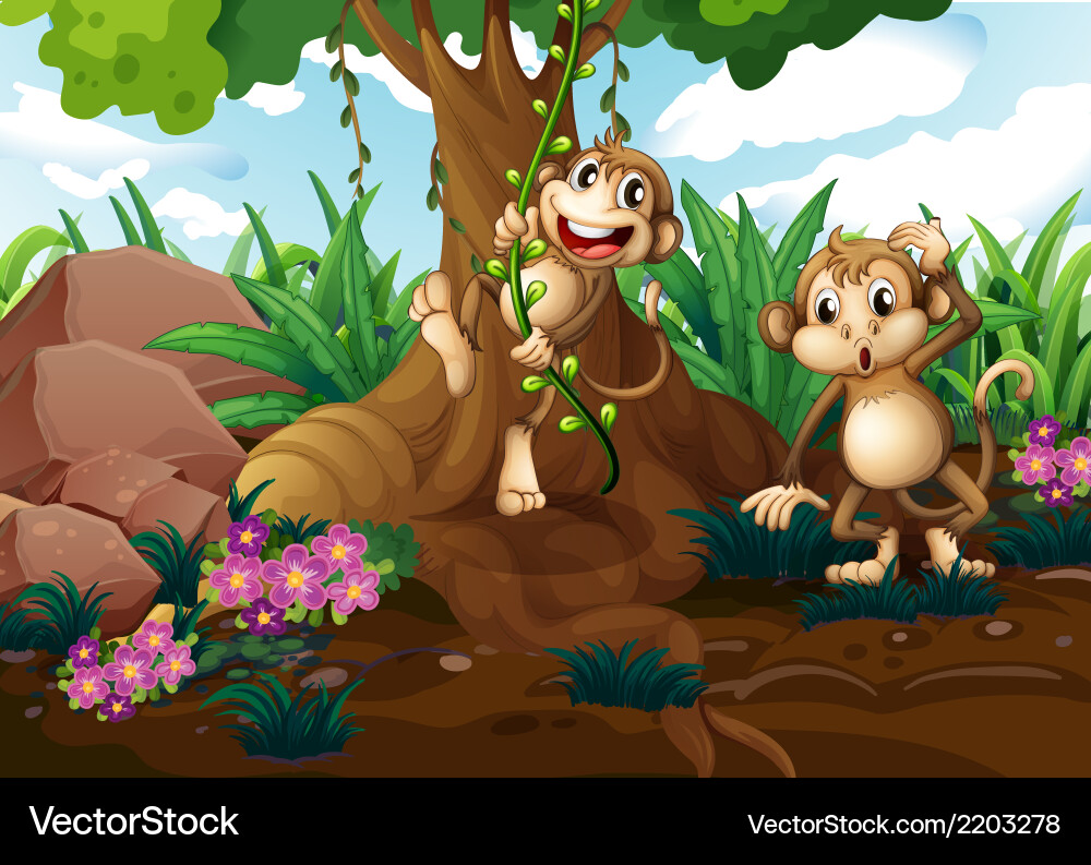 Monkeys playing under tree Royalty Free Vector Image