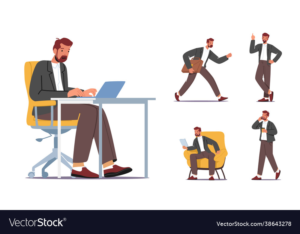 Set businessman work in office sitting at desk Vector Image