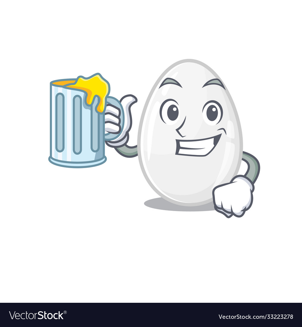 Smiley white egg mascot design with a big glass