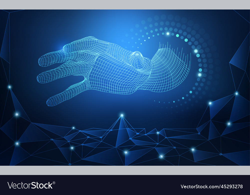 Wireframe hand reaching to digital world concept