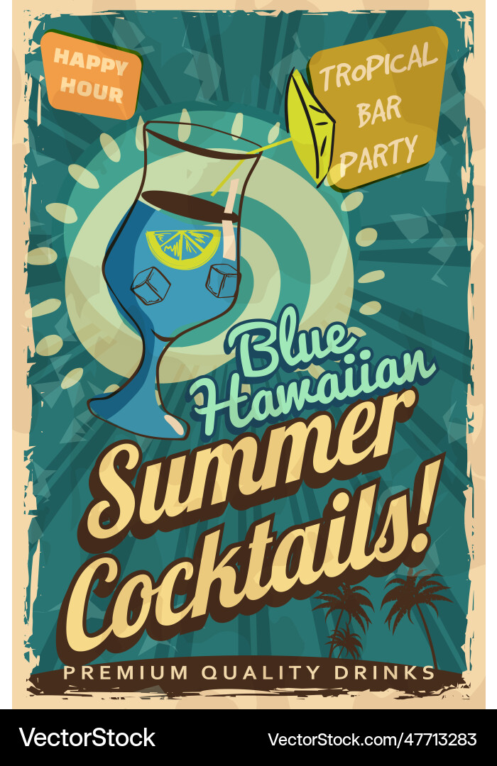 Blue Hawaiian Cocktail Retro Poster Cocktail Vector Image