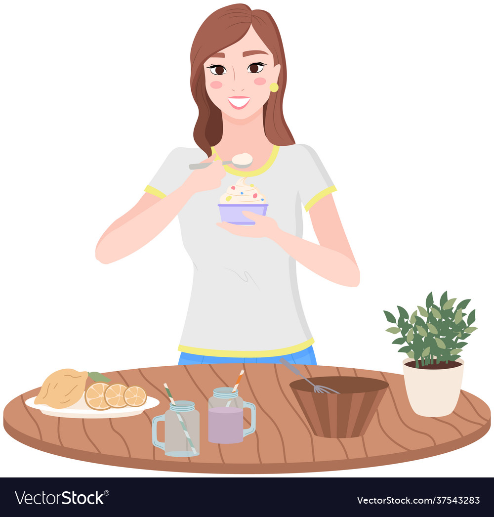 Girl eating natural yogurt dessert woman