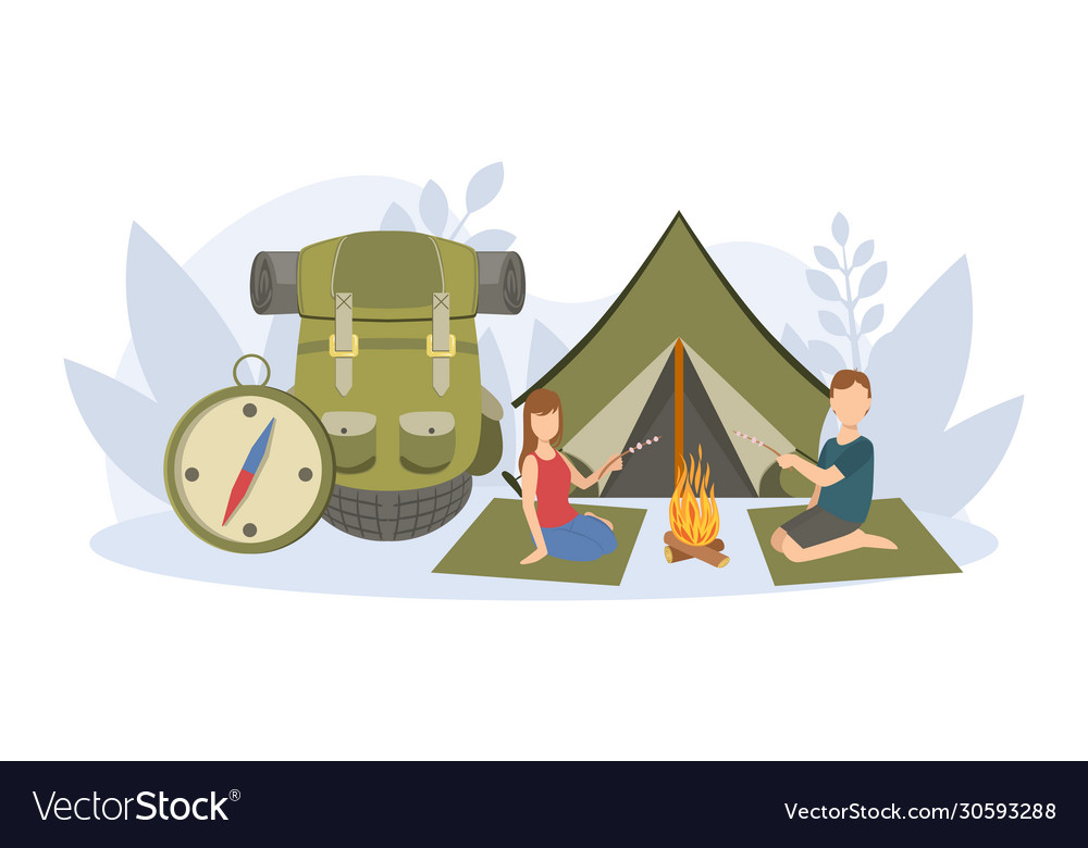 Couple sitting near campfire and roasting Vector Image