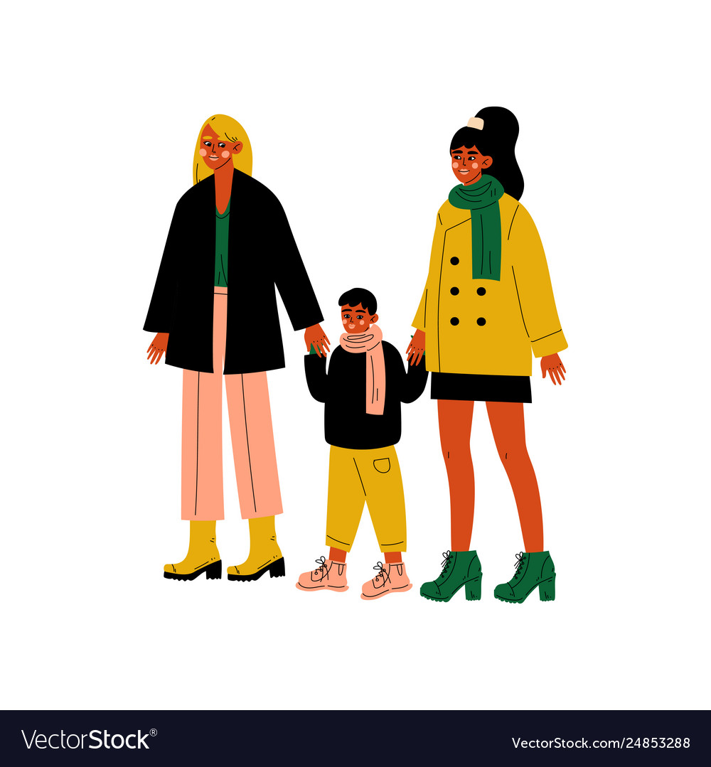 Lesbian family two women and cute boy standing