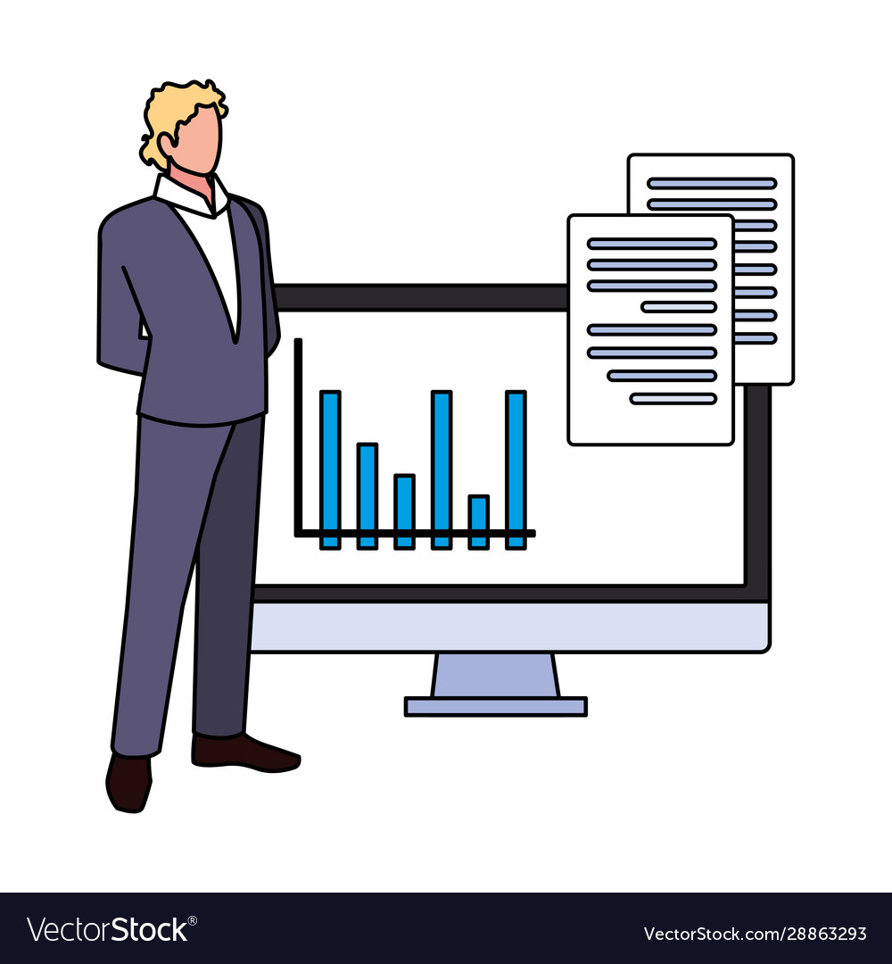 Businessman with computer screen in white Vector Image