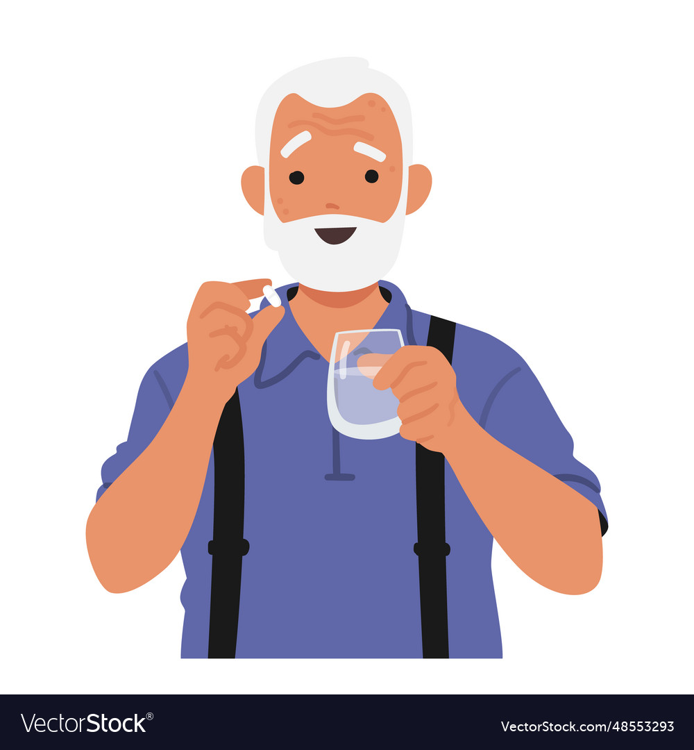 Elderly man clasping a pill in one hand glass