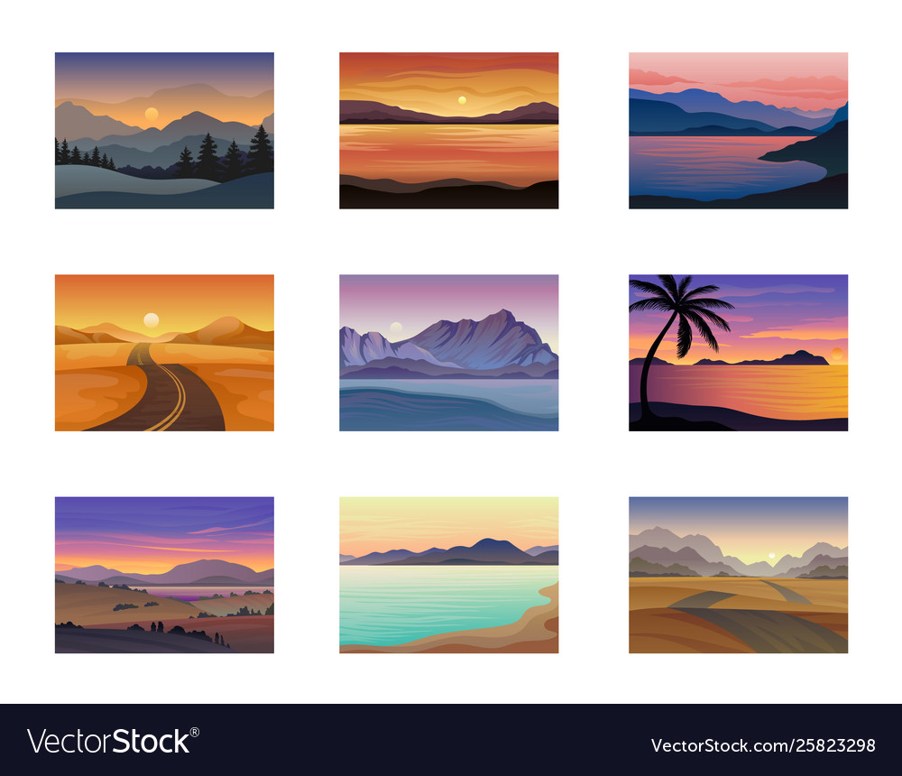 Set night and evening landscapes at sunset