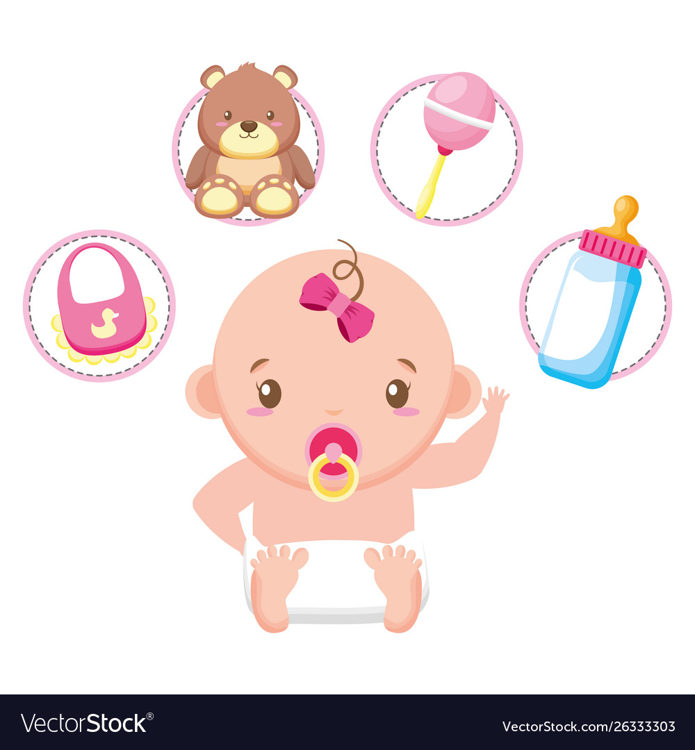 Cute little baby girl with set toys Royalty Free Vector