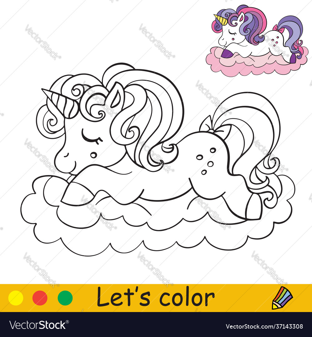 Cartoon unicorn slipping on a cloud coloring