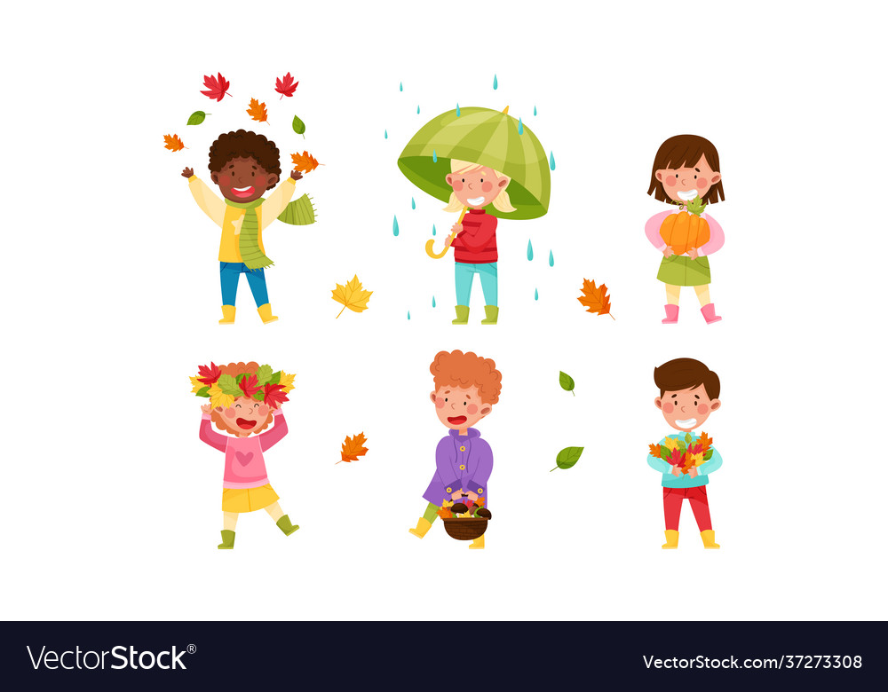 Children Characters Walking With Umbrella Vector Image