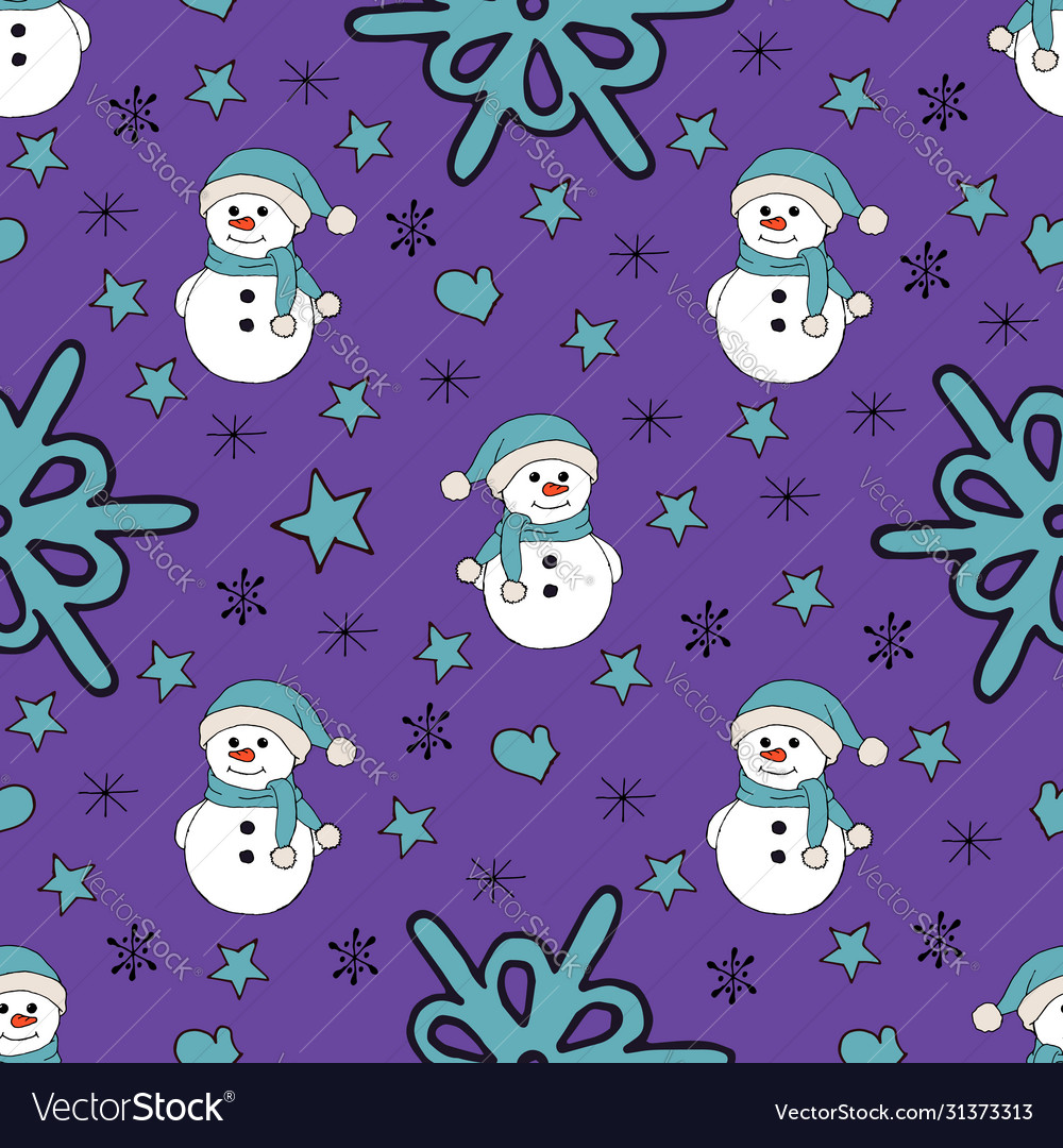 Christmas seamless pattern with snowman fir trees