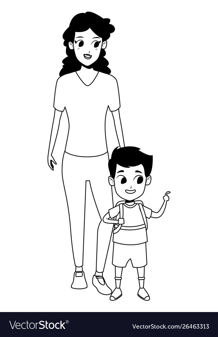 Family single mother with kid in black and white Vector Image