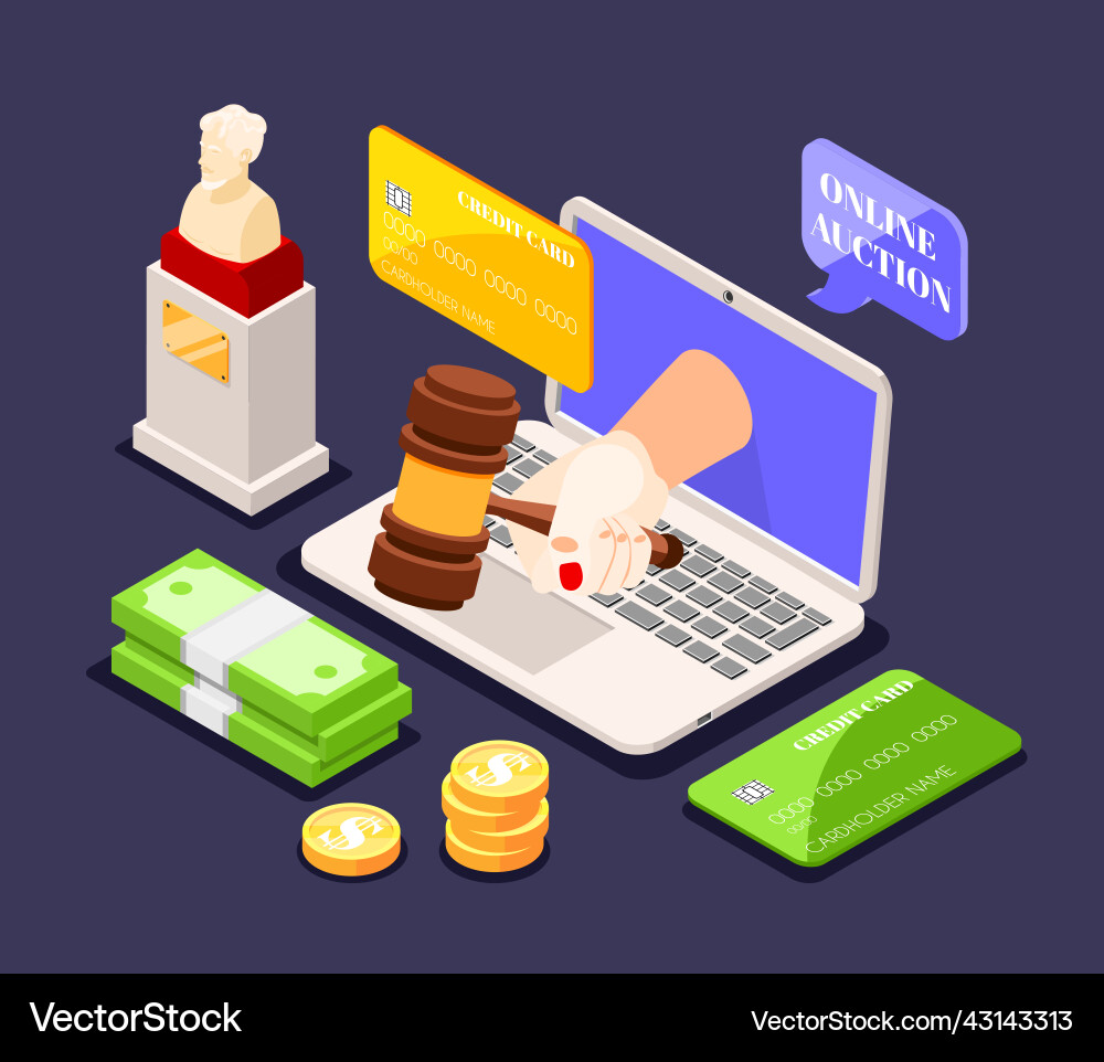 Online auction isometric composition Royalty Free Vector