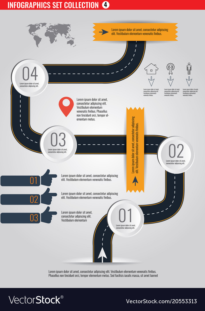 Road infographic with colorful pin pointer