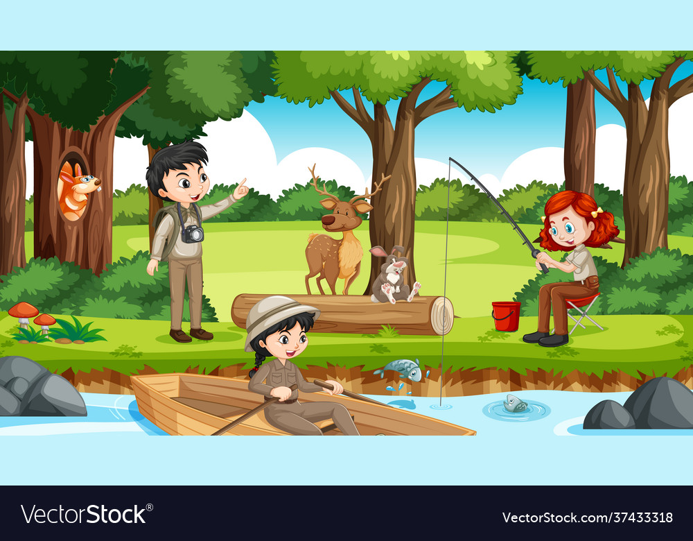 Camping in forest scene with many children