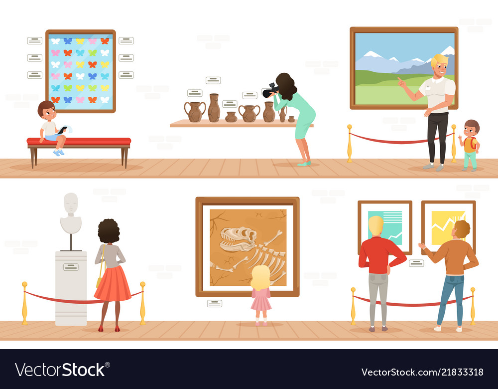 Cartoon characters people visitors in art museum Vector Image