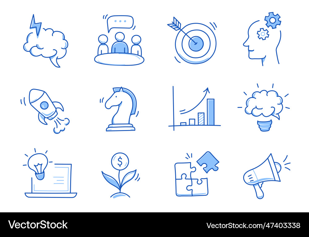 Business idea startup doodle line icon set hand Vector Image