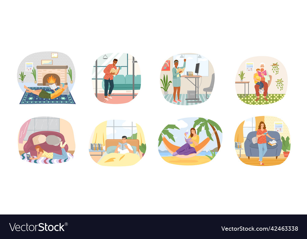 Reading people flat character set with books Vector Image