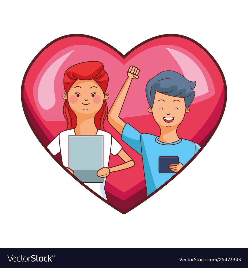 Millennial couple in heart frame cartoon