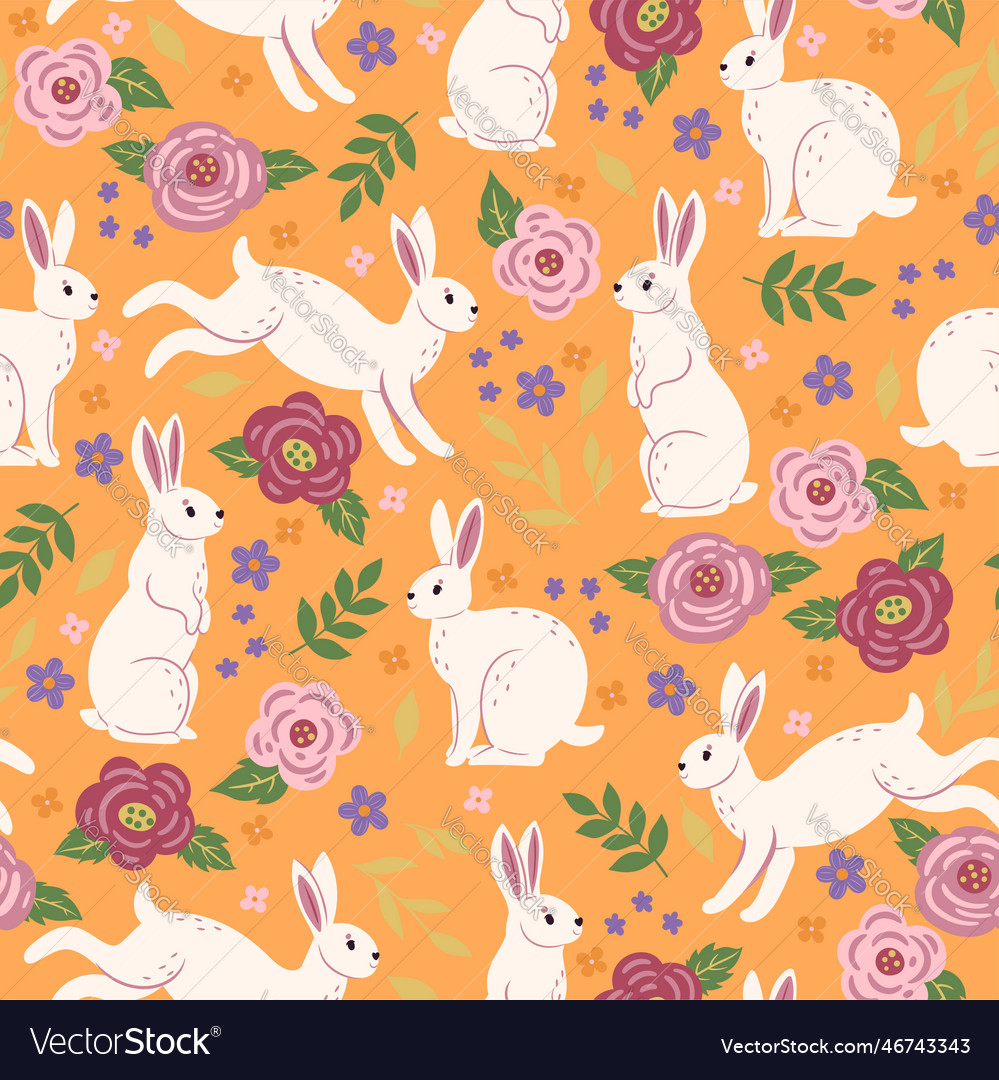 Seamless pattern with cute rabbits and flowers Vector Image