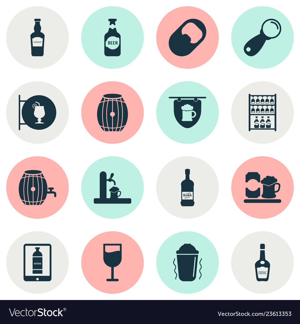 Beverages icons set with tap glass of wine elite