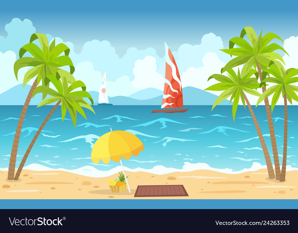 Sea beach and sun loungers seascape vacation Vector Image