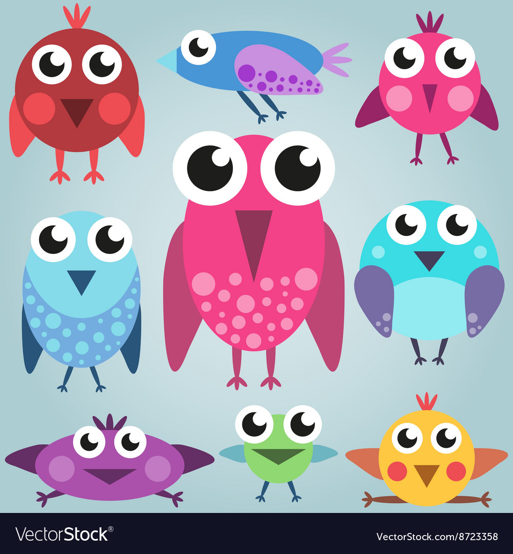 Cartoon bright bird set funny comic birds simple