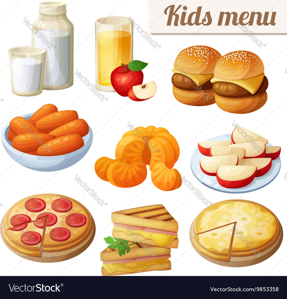 Kids menu set of cartoon food icons Royalty Free Vector