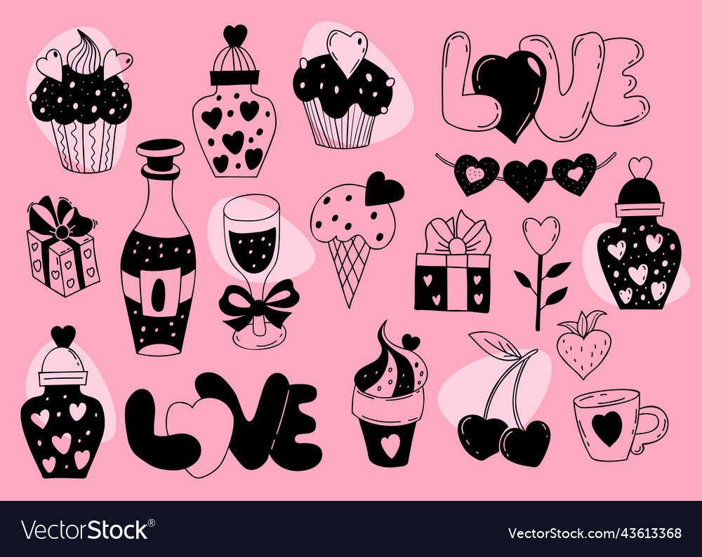 Collection love doodle cakes champagne and glass