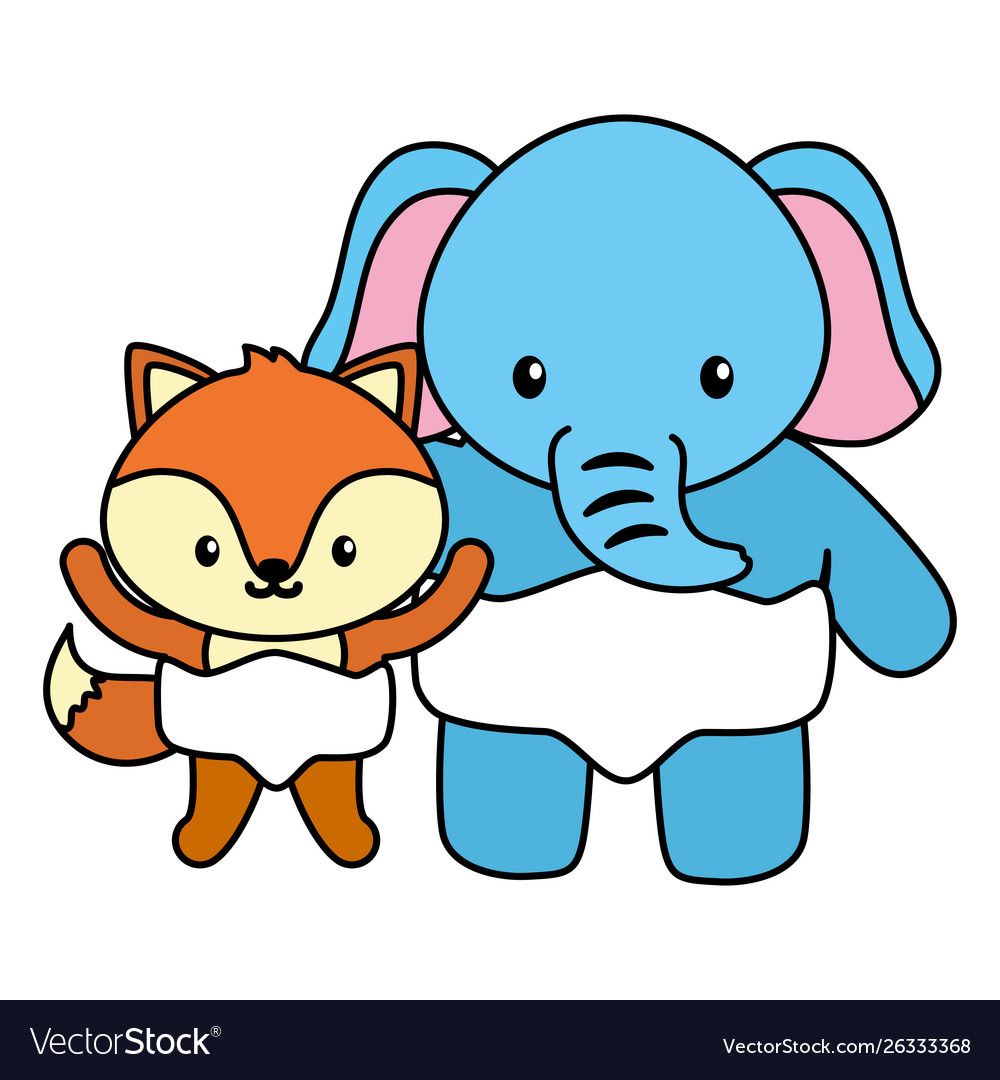 Cute little elephant with fox babies characters Vector Image Cute little elephant with fox babies characters Vector Image