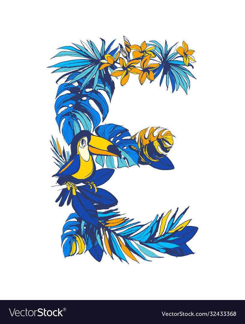 Tropical floral summer letter e hand drawn Vector Image