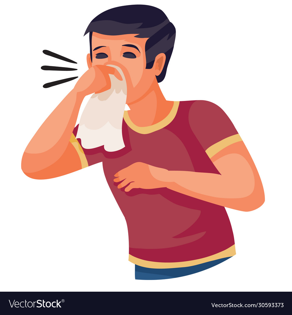 Boy in a red t-shirt sneezes into a handkerchief Vector Image