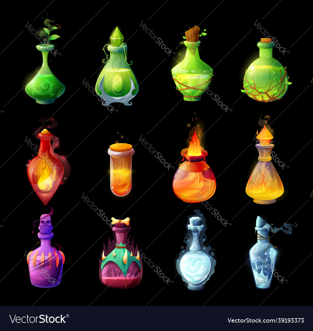 Cartoon magic potions bottles game design icons Vector Image