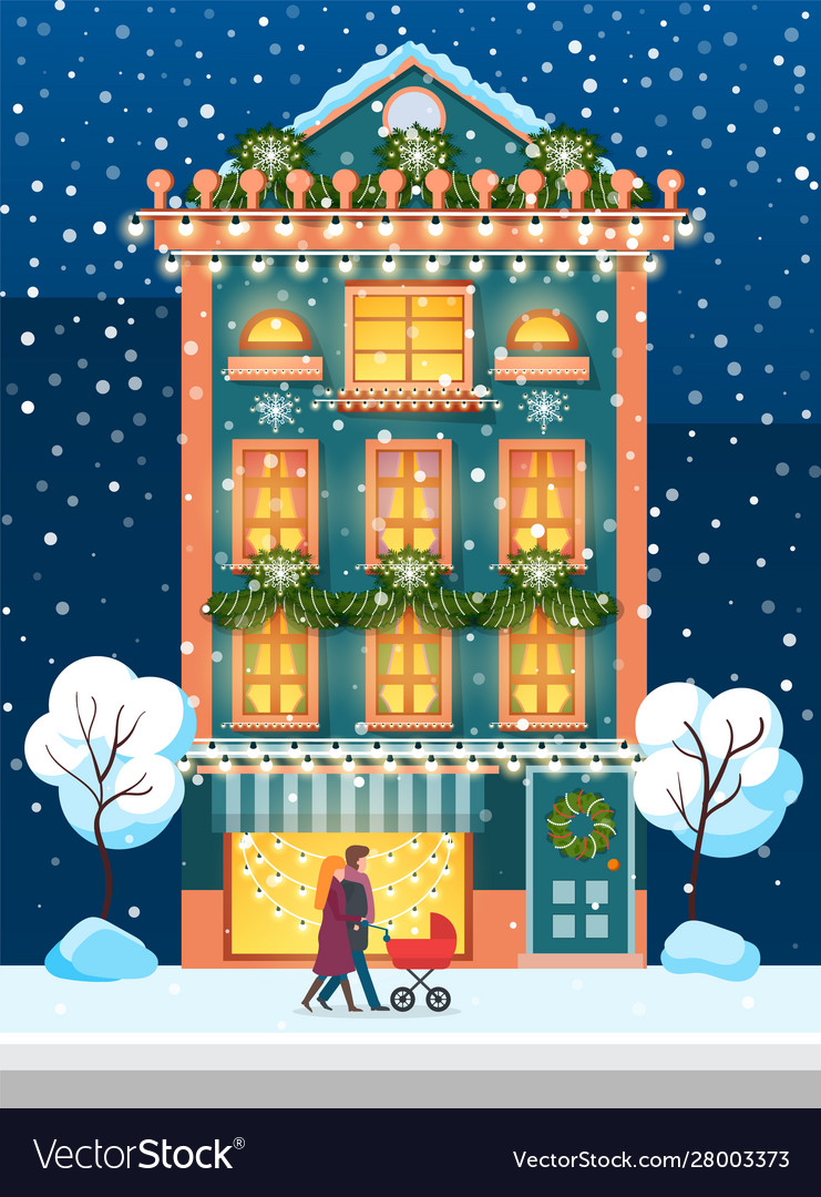 Winter city house in and people with pram Vector Image