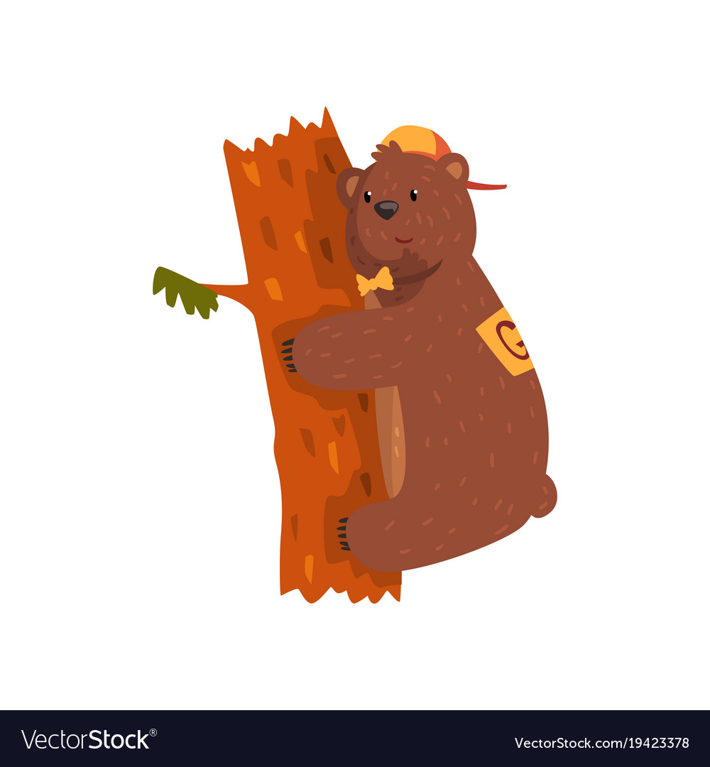 Smiling wild bear hugging tree trunk cartoon Vector Image Smiling wild bear hugging tree trunk cartoon Vector Image