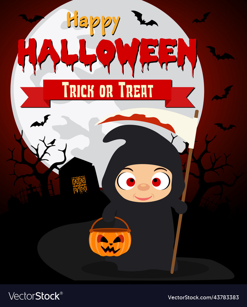 Halloween background with kid scytheman costume