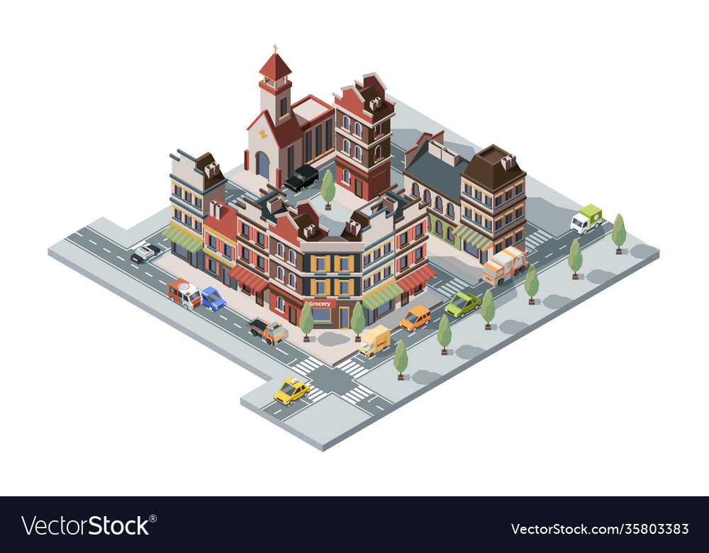 Old town isometric map 3d urban infrastructure Vector Image