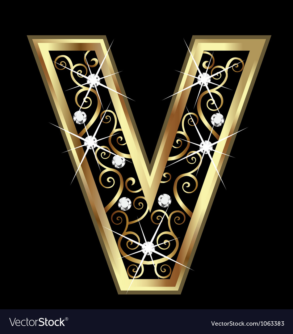 V gold letter with swirly ornaments Royalty Free Vector