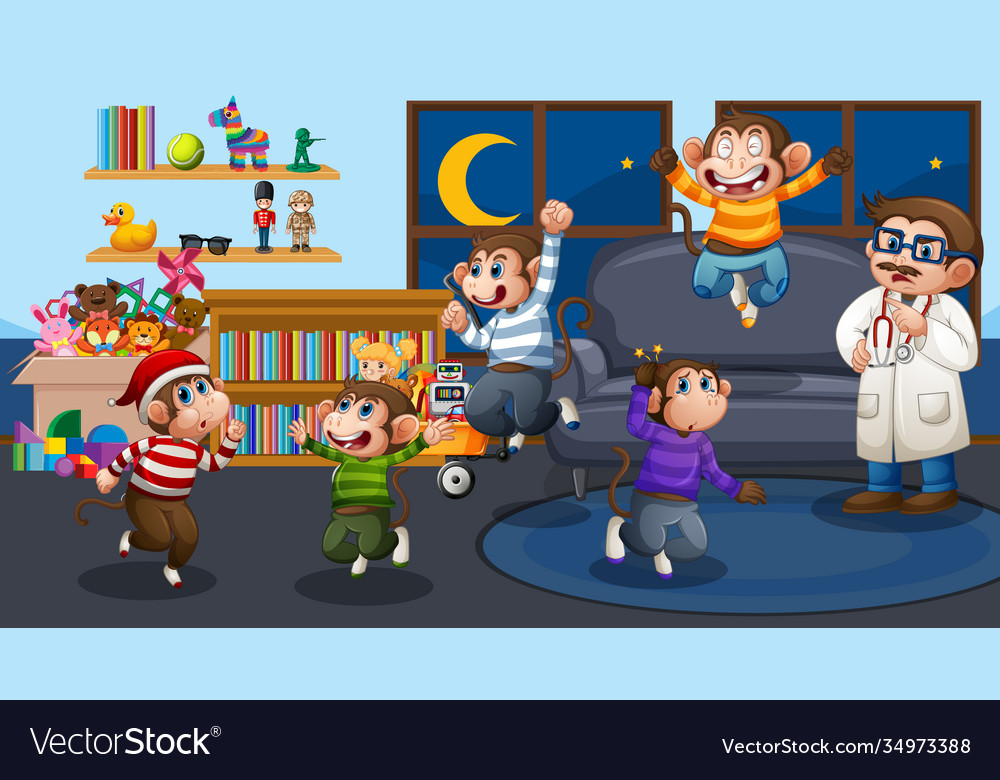 Five little monkeys jumping in living room