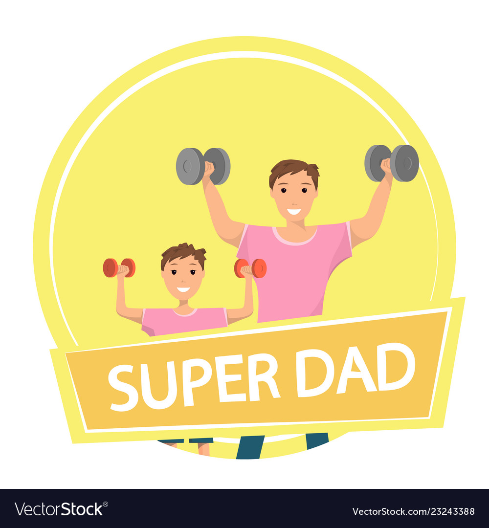 Happy man and child standing training bodybuilding